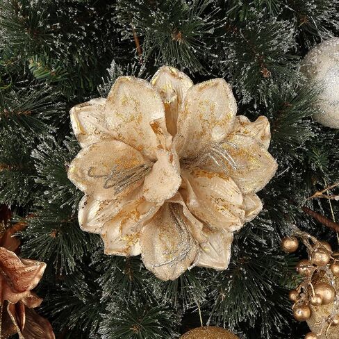 Briful 3PCS Christmas Glitter Poinsettia Flowers 3 Heads Large Artificial Clivia Floral Picks 24 Inch Long Stem Fake Flowers Ornaments for Xmas Tree Vase Table Centerpiece Decor (Champagne Gold) in Kuwait