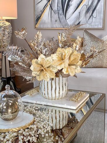 Briful 3PCS Christmas Glitter Poinsettia Flowers 3 Heads Large Artificial Clivia Floral Picks 24 Inch Long Stem Fake Flowers Ornaments for Xmas Tree Vase Table Centerpiece Decor (Champagne Gold) in Kuwait