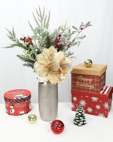 Briful 3PCS Christmas Glitter Poinsettia Flowers 3 Heads Large Artificial Clivia Floral Picks 24 Inch Long Stem Fake Flowers Ornaments for Xmas Tree Vase Table Centerpiece Decor (Champagne Gold) in Kuwait