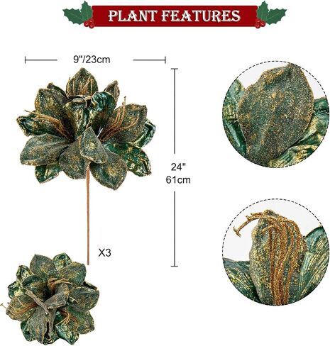 Briful 3PCS Christmas Glitter Poinsettia Flowers 3 Heads Large Artificial Clivia Floral Picks 24 Inch Long Stem Fake Flowers Ornaments for Xmas Tree Vase Table Centerpiece Decor (Champagne Gold) in Kuwait