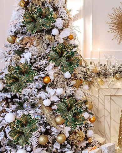 Briful 3PCS Christmas Glitter Poinsettia Flowers 3 Heads Large Artificial Clivia Floral Picks 24 Inch Long Stem Fake Flowers Ornaments for Xmas Tree Vase Table Centerpiece Decor (Champagne Gold) in Kuwait