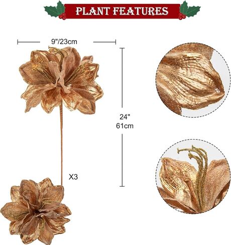 Briful 3PCS Christmas Glitter Poinsettia Flowers 3 Heads Large Artificial Clivia Floral Picks 24 Inch Long Stem Fake Flowers Ornaments for Xmas Tree Vase Table Centerpiece Decor (Champagne Gold) in Kuwait