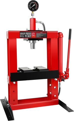 مكبس متجر هيدروليكي، مكبس منضدية بإطار على شكل حرف H بقدرة 12 طن مع مقياس ضغط وألواح ضغط، ارتفاع طاولة عمل قابل للتعديل يستخدم للضغط والانحناء والاستقامة، أحمر in Kuwait