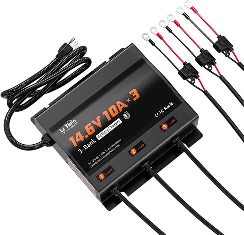 LiTime 3-Bank 10A (10A/Bank) Smart Battery Charger, 14.6V LiFePO4 Battery Charger AC-DC Charger with Fuse, LED Indicator for RV, Boat, Motorcycle, Lawn Mower, Trolling Motor and Lead Acid Battery in Kuwait