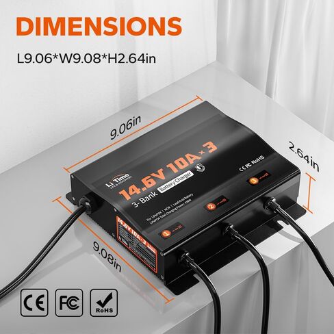 LiTime 3-Bank 10A (10A/Bank) شاحن بطاريات ذكي، 14.6V LiFePO4 شاحن بطارية AC-DC مع الصمامات، مؤشر LED للمركبات الترفيهية والقوارب والدراجات النارية وجزازة العشب ومحرك التصيد وبطارية حمض الرصاص in Saudi Arabia