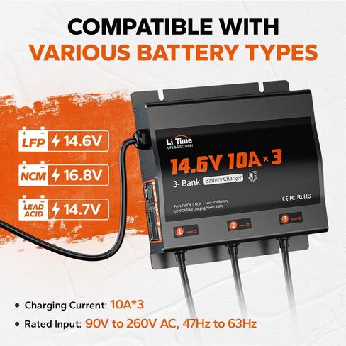 LiTime 3-Bank 10A (10A/Bank) Smart Battery Charger, 14.6V LiFePO4 Battery Charger AC-DC Charger with Fuse, LED Indicator for RV, Boat, Motorcycle, Lawn Mower, Trolling Motor and Lead Acid Battery in Kuwait