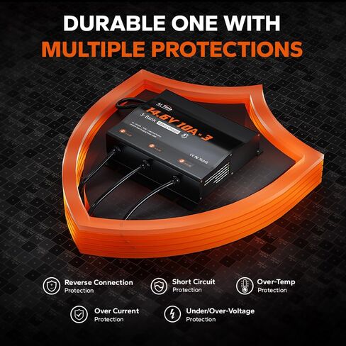LiTime 3-Bank 10A (10A/Bank) شاحن بطاريات ذكي، 14.6V LiFePO4 شاحن بطارية AC-DC مع الصمامات، مؤشر LED للمركبات الترفيهية والقوارب والدراجات النارية وجزازة العشب ومحرك التصيد وبطارية حمض الرصاص in Saudi Arabia