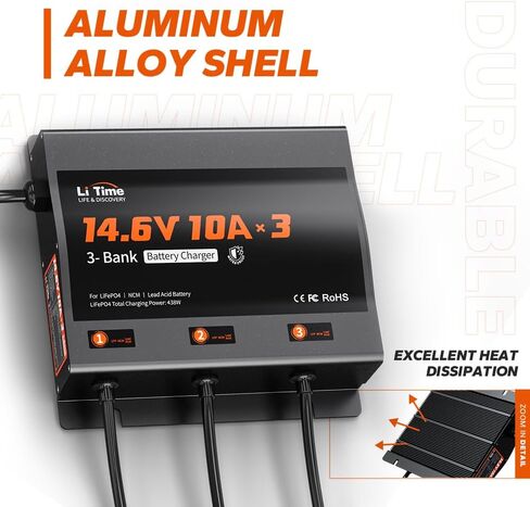 LiTime 3-Bank 10A (10A/Bank) Smart Battery Charger, 14.6V LiFePO4 Battery Charger AC-DC Charger with Fuse, LED Indicator for RV, Boat, Motorcycle, Lawn Mower, Trolling Motor and Lead Acid Battery in Kuwait