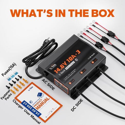 LiTime 3-Bank 10A (10A/Bank) Smart Battery Charger, 14.6V LiFePO4 Battery Charger AC-DC Charger with Fuse, LED Indicator for RV, Boat, Motorcycle, Lawn Mower, Trolling Motor and Lead Acid Battery in Kuwait