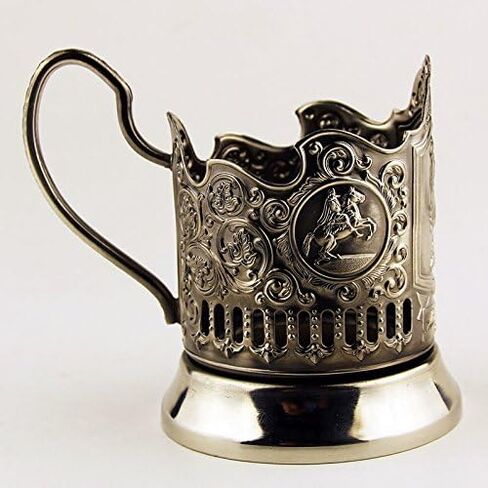 Tea Glass Holder Russian Podstakannik Pushkin Drinking Glass Holder, Brass, Nickel in Saudi Arabia
