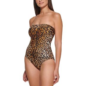 Calvin Klein Women's Leopard-Print Strapless Tummy-Control One-Piece Swimsuit (Black Multi, 8)