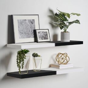 24 inch Floating Shelves for Wall, Color-Blocked Wall Shelves Set of 2, Wall Moutned Shelf for Bedroom Living Room Storage, Black and White