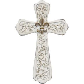 Polyresin Ornate White Scrollwork with Distressed Fleur De Lis Accent Hanging Wall Cross Décor
