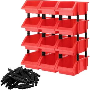HOIGON 12 Pack Red Garage Storage Tool Bin, 7.09 x 4.72 x 3.15 Inch Plastic Hanging Stacking Stackable Organizer Storage Rack for Hardware Tools Organization, Workshop, Small Parts