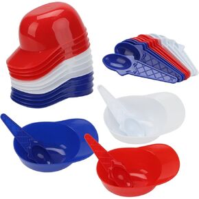 24 Pcs Baseball Helmet Ice Cream Bowl with Taster Spoons, 8oz Mini Sundae Bowls Plastic Baseball Cap Snack Dessert Bowl Set Ice Cream Spoon for Party Supplies (White, Red, Blue)