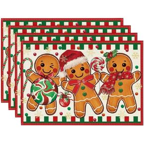 Artoid Mode Gingerbread Candy Cane Christmas Placemats Set of 4, 12x18 Inch Seasonal Table Mats for Party Kitchen Dining Decoration