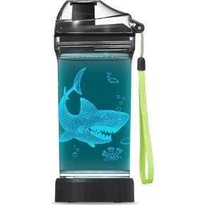 Lightzz Kids Water Bottle with 3D Glowing Shark LED Light - 14 OZ Tritan BPA Free - Creative Ideal Travel Cup Jaw Gift for School Kid Boy Child Holiday Camping Picnic