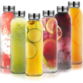 6 Pack Glass Water Bottles, 16.9oz Clear Water Bottle With Lid, Glass Juice Bottles With Lids, Clear Reusable Water Bottles With Stainless Steel Airtight Cap For Refrigerator, BPA Free, Leak Proof