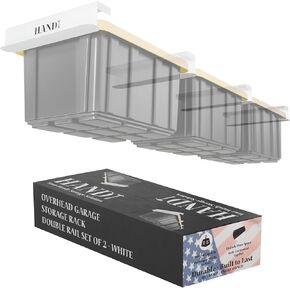 HANDT Overhead Garage Storage Rack, Connectable Heavy Duty Metal Ceiling Rails for Garage Storage Organization Shelving System, Supports Up to 3 Bins, 2 Sets White