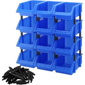 HOIGON 12 Pack Blue Garage Storage Tool Bin, 7.09 x 4.72 x 3.15 Inch Plastic Hanging Stacking Stackable Organizer Storage Rack for Hardware Tools Organization, Workshop, Small Parts