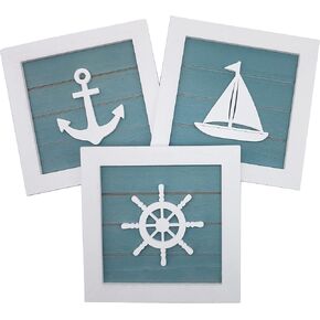 CSWLJS Nautical Theme Wall Decor Set of 3 7x7 in Rustic Beach Decor 3D Anchor Sailboat and Ship Wheel Wooden Beach Bathroom Decor Ocean Coastal Theme Decor for Lake House Home Room Nautical Gifts