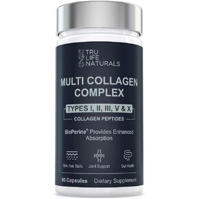 Multi Collagen Complex (Types I, II, III, V & X) | Collagen Peptides for Enhanced Absorption | Supports Skin, Hair, Nails & Joints | Non-GMO, Marine & Bovine Collagen (90 Capsules)