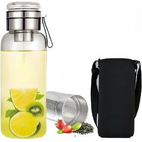 32OZ Borosilicate Glass Infuser Water Bottle,Glass Tea Tumbler with Strainer and Anti-slip Sleeve, Sport Water Bottles for Gym Hiking Camping