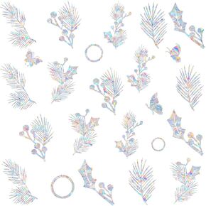 24 Pine Leaf and Butterfly Ring Window Decals for Bird Strikes - Anti-Collision Window Decals to Save Birds from Window Collisions,Non Adhesive Reusable Rainbow Prism Window Stickers