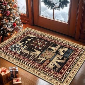 LOKHOM Christmas Bear Area Rug 3x5 Washable Bedroom Rug, Xmas Vintage Western Buffalo Bear Decor Living Room Rug, Non Slip Soft Low Pile Area Carpet for Bedroom Kitchen Festive Decor