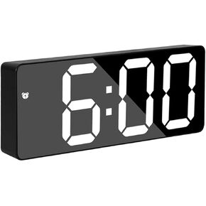 LED Display 6.3" LED Mirror Clock,Simplicity Digital Alarm Clock with Snooze Time Date Temperature Display Time Memory Function 3 Brightness Adjustable USB/Battery Powered (White Light)