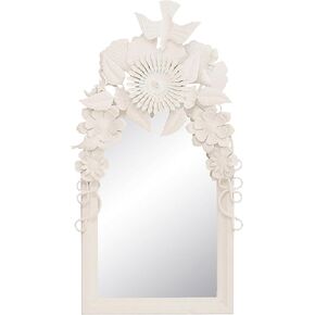 Creative Co-Op 49.52 Inches Wood Frame Embossed Metal Flowers and Birds, Antique White Wall Mirror