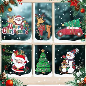 Christmas Window Clings, 15"X9" Reusable Static Cling Gel Window Stickers Holiday Décor,Christmas Window Stickers Includes Santa Claus Snowman Xmas Tree,Removable Window Sticker, 6 pcs