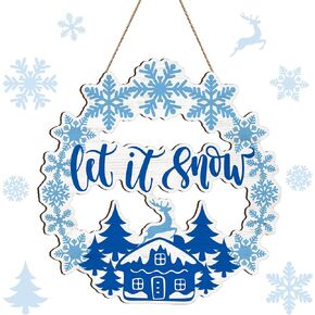 Christmas Snowflake Sign Winter Door Hanging Sign Let It Snow Wreath Welcome Snow Front Door Decorations Blue White Wood Snowflake Decor for Home Outdoor Farmhouse Wall Decor, 12 Inches