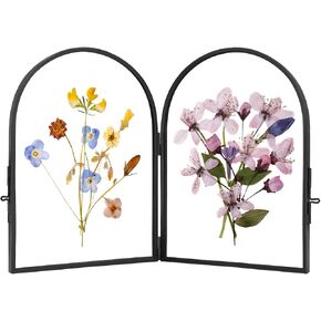 Double Glass Frame for Pressed Flowers Handmade, Pressed Flower Frame, Hinged Tabletop Brass Photo Frames, Dried Flower Display Folding Picture Frame for Home, ArcShaped, Gold, 4×6 Inches
