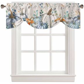 Blue Pumpkins Tie Up Valance Curtains for Windows, Fall Kitchen Curtains Window Treatments, Maple Leaf Rustic Thanksgiving Short Window Shades Valances for Bedroom Bathroom Cafe 60"x18"