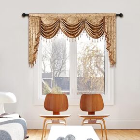 ELKCA European Embroidered Curtains for Living Room Luxury Coffee Curtains for Bedroom Embroidered Window Curtains for Kitchen (Valance, W89)