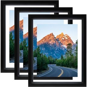 8x10 Floating Frame Set of 3, Double Glass Floating Picture Frame for 5x7 or 8x10, Engineered Wood Floating Frames for Desktop or Wall Hanging, Black