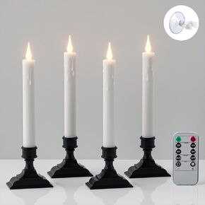 DRomance 9" Flameless Window Taper Candles Battery Operated with 8-Key Remote and Timer, 8 Pack White Christmas Holdiay Window Candles with Silver Holders, Suction Cups and AA Batteries Included