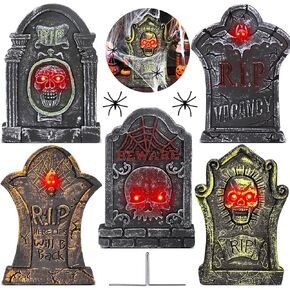 17" Halloween Decorations Outdoor Tombstones Light Up with 2 Spiders & Spiderweb Headstones for Graves Scary Yard Sign Vintage Glow In The Dark RIP Halloween Cemetery Lawn Graveyard Decor Outside