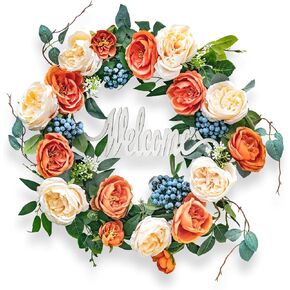 Fall Wreaths for Front Door 24 inch，Autumn Wreath Full of Blueberries and Roses，Fall Decorations for Home, Halloween Thanksgiving, Outdoor Decor