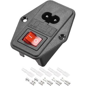 uxcell C8-8 Panel Mount Plug Adapter 250V 6A 2P IEC Inlet Module Plug Power Connector Socket Straight with 3P Red Light Fuse Switch,Heat Shrink Connectors