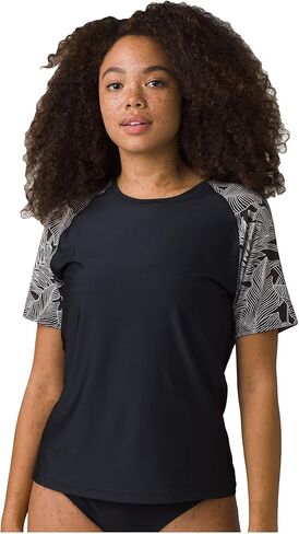 prAna Edge Wave Short Sleeve Sun Top Black Fronds Color-Block XS (Women's 0-2) in Saudi Arabia