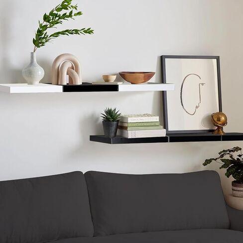 24 inch Floating Shelves for Wall, Color-Blocked Wall Shelves Set of 2, Wall Moutned Shelf for Bedroom Living Room Storage, Black and White in Saudi Arabia