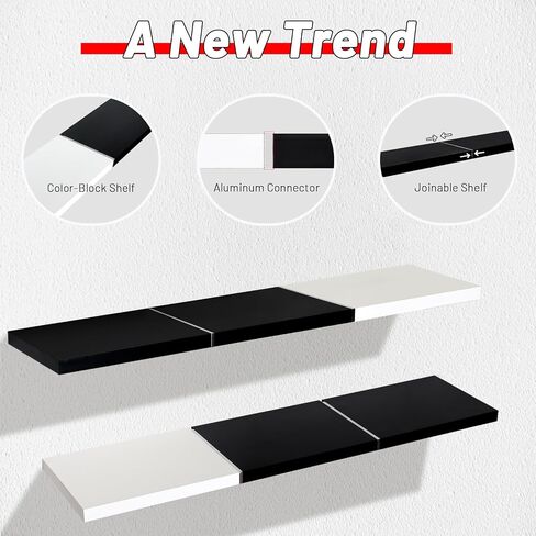 24 inch Floating Shelves for Wall, Color-Blocked Wall Shelves Set of 2, Wall Moutned Shelf for Bedroom Living Room Storage, Black and White in Saudi Arabia