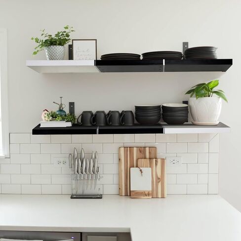 24 inch Floating Shelves for Wall, Color-Blocked Wall Shelves Set of 2, Wall Moutned Shelf for Bedroom Living Room Storage, Black and White in Saudi Arabia