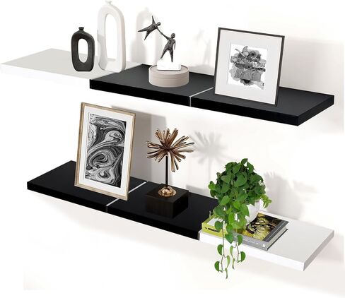 24 inch Floating Shelves for Wall, Color-Blocked Wall Shelves Set of 2, Wall Moutned Shelf for Bedroom Living Room Storage, Black and White in Saudi Arabia