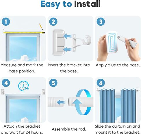 AIZESI قضبان الستارة بدون حفر للنوافذ من 22 إلى 43 بوصة، قطر 1 بوصة قضيب ستارة شد قابل للتعديل بدون حفر مجموعة قضيب ستارة صغير بين قوسين لاصقين، أبيض in Kuwait
