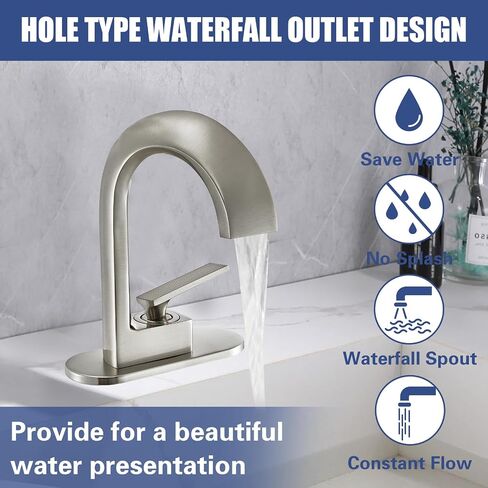 Bathroom Sink Faucet, Waterfall Bathroom Faucet 1 Hole, Solid Brass Faucet Bathroom Brushed Nickel, Vanity Faucet Mixer Tap with Two Water Supply Lines & Deck Plate in Saudi Arabia