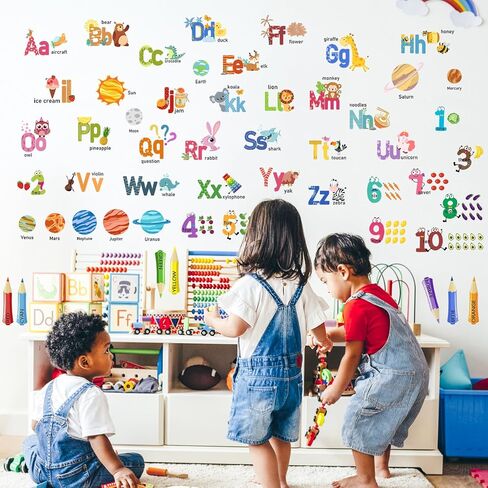 Animal Alphabet Numbers Colour Decals Stickers, ULENDIS ABC Letters Pens Space Planets Educational Wall Decals, Peel and Stick Removable Wall Decors for Toddlers Classroom Bedroom Nursery Playroom in Saudi Arabia