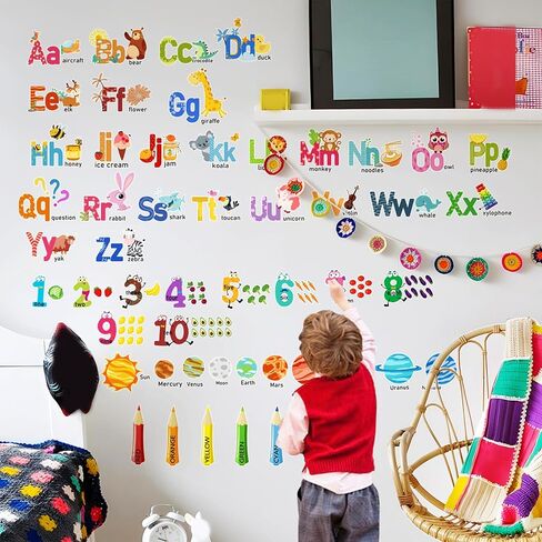 Animal Alphabet Numbers Colour Decals Stickers, ULENDIS ABC Letters Pens Space Planets Educational Wall Decals, Peel and Stick Removable Wall Decors for Toddlers Classroom Bedroom Nursery Playroom in Saudi Arabia